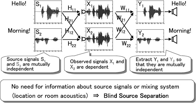 Fig. 1  Principle of blind source separation (BSS) based on independent component analysis (ICA). By making the output signals mutually independent, individual source signals are separated and extracted.