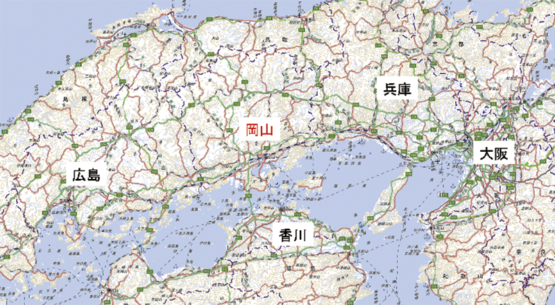 図1　岡山の位置関係（国土地理院地図 電子国土web を加工して作成）